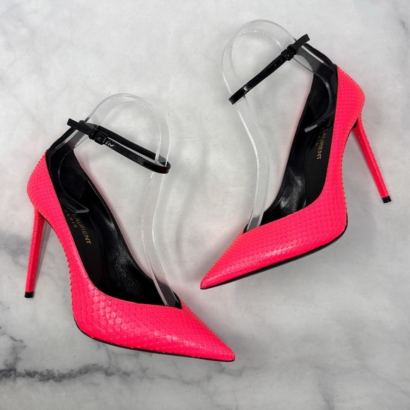 Saint Laurent Zoe 105 Ankle Strap Leather Snakeskin Pointed Toe Pump Heels Neon - Picture 3 of 16